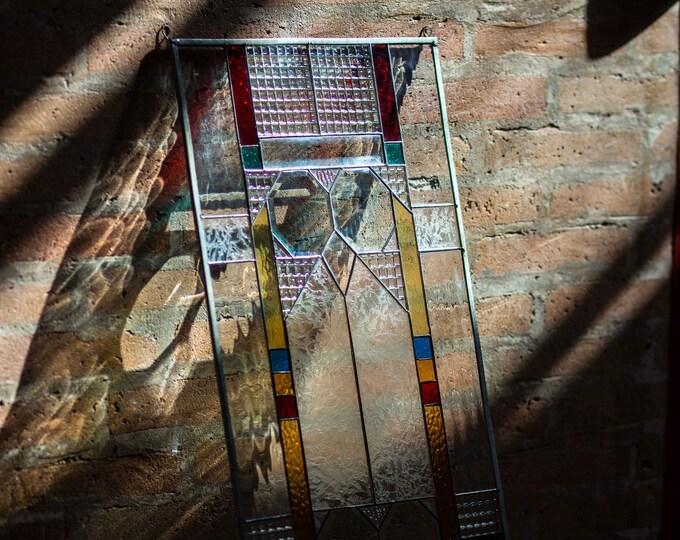 Frank Lloyd Wright Insprd Geometric Tiffany Style Stained Glass Window Panel - OWL EYES