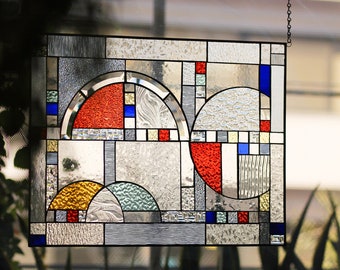 Tiffany Style Stained Glass Window Panel Frank Lloyd Wright Inspired Geometric -Horizontal and Vertical Loops with metal frame 24x18"