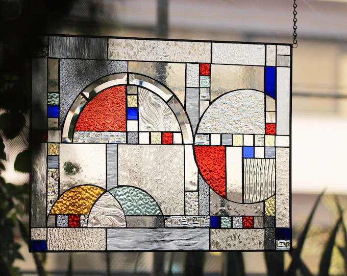 Stained Glass Hanging Window Panel Tiffany Style FLW Inspired Geometric -Horizontal and Vertical Loops with metal frame 24x18"