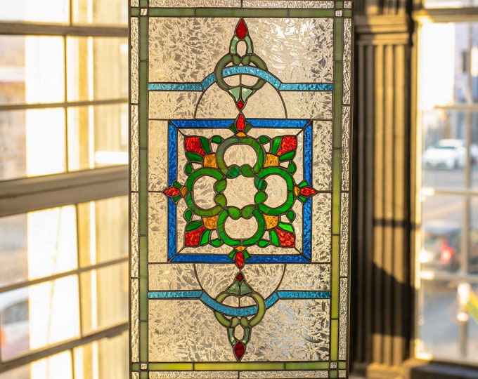 Hanging Stained Glass Framed Panel with Chain Handmade Suncatcher Window Ornament, House Warming gift, Victorian Traditional Panel Artist