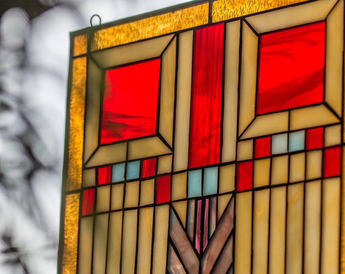 Tiffany Style Stained Glass Window Panel FLW Inspired Prairie - Hanging loops chain, metal frame installed Free Gift Box