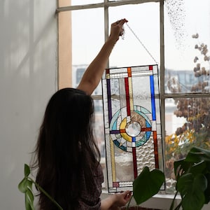 Stained Glass Hanging Panel FLW Geometric Window Panel Suncatcher Beveled Center 24" by 11" inches. Chain Included "THE SUNDIAL"