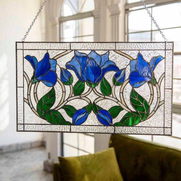 Stained Glass Hanging Window Panel Suncatcher Handmade Tiffany Style - House Warming Gift - The KnightShayes - 21 by 12 inches