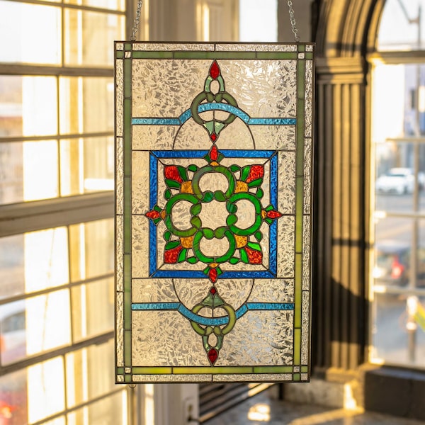 Handmade Stained Glass Window Panel, Victorian Style, Framed Suncatcher