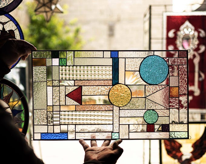 Stained Glass Tiffany Hanging Window Panel FLW Inspired Hanging Abstract Geometric Chained Geometric Shapes - House Warming Gift