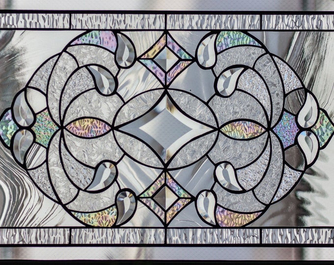 Tiffany Style Stained Glass Window Panel RV Clear Beveled Diamond - Horizontal and Vertical Loops, Card and Hanging Chain Included!