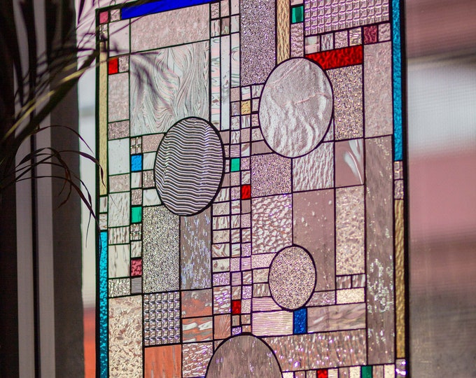 Stained Glass Window Hanging Panel FLW Inspired Tiffany Style Abstract Geometric Window Panel Circles Chained House Warming Gift - 24"  in
