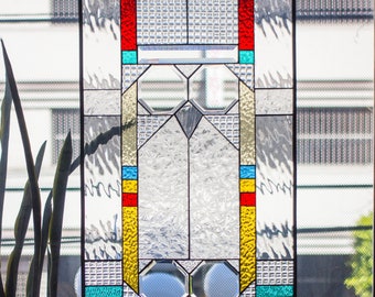 Frank Lloyd Wright Insprd Geometric Tiffany Style Stained Glass Window Panel - OWL EYES