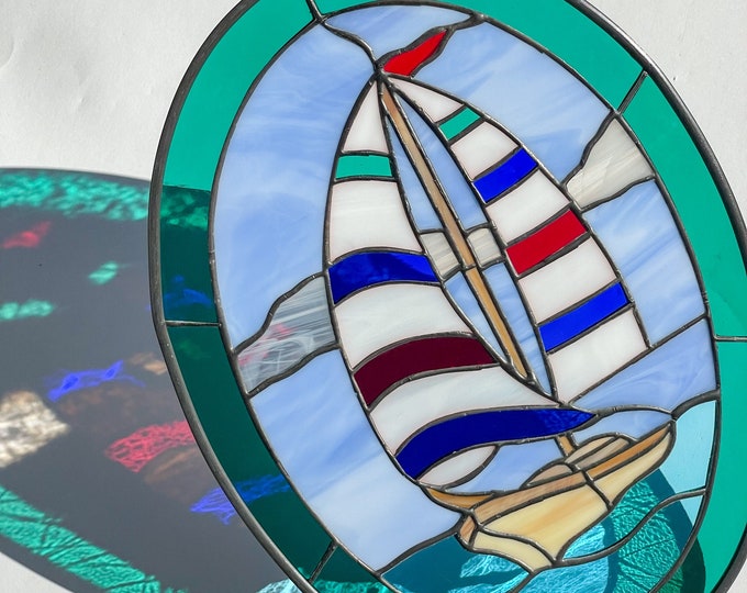 Sail Boat Oval- Tiffany Style Stained Glass Window Suncatcher Sailing Panel Oval - 9 1/2 by 12 3/4 inches