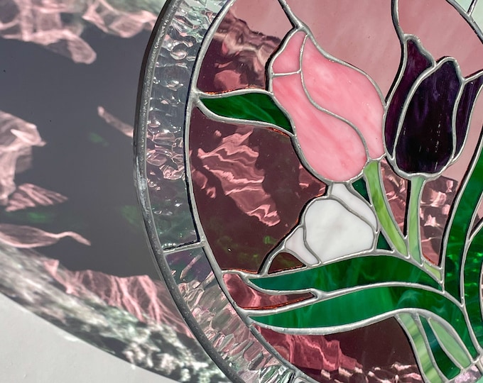 Three Tulips Oval- Tiffany Style Stained Glass Window Suncatcher Panel Oval - 9 1/2 by 12 3/4 inches