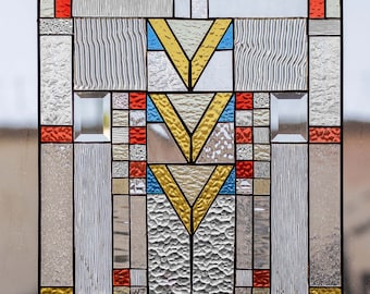Tiffany Style Stained Glass Window Panel Frank Lloyd Wright Inspired Geometric -Horizontal and Vertical Loops with metal frame 24x18"