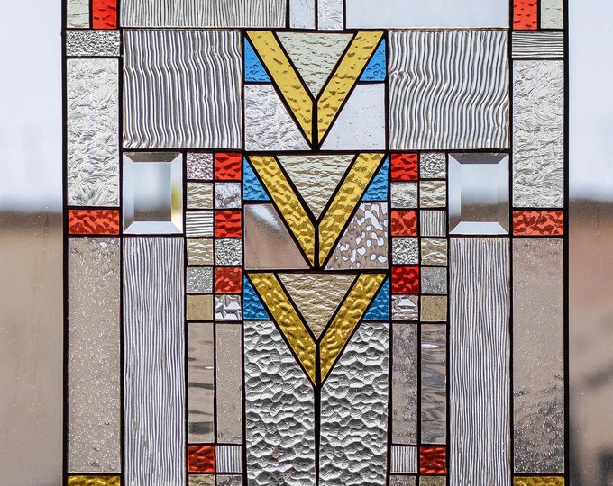 Tiffany Style Stained Glass Window Panel Frank Lloyd Wright Inspired Geometric -Horizontal and Vertical Loops with metal frame 24x18"