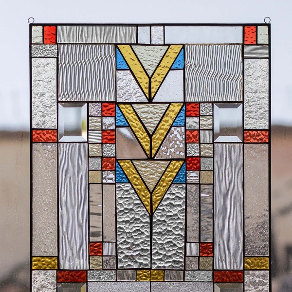 Tiffany Style Stained Glass Window Panel Frank Lloyd Wright Inspired Geometric -Horizontal and Vertical Loops with metal frame 24x18"