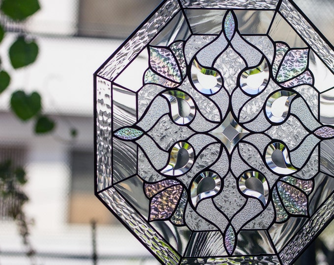 Stained Glass Window Panel Suncatcher Hanging Tiffany Style Octagonal Iridiscent beveled glass Chained - House Warming Gift - 16" INCH