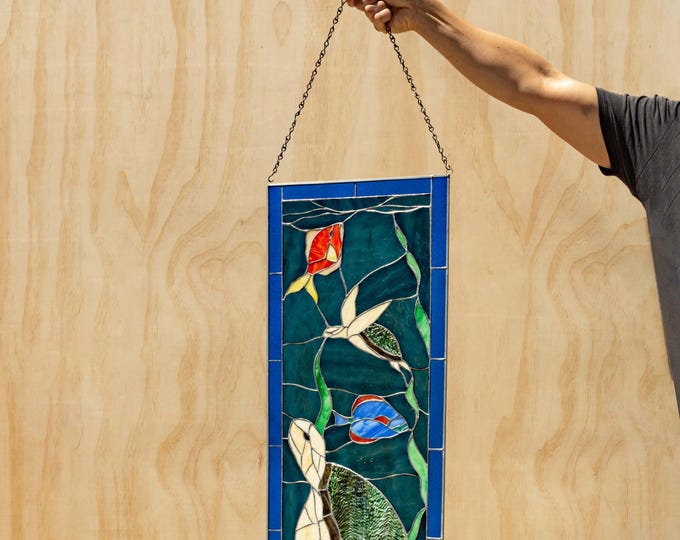 Stained Glass Window Ocean Aquarium Turtle Fish Sea Tiffany Stain Panel -Includes metal frame, hanging chain 45 by 14 INCHES