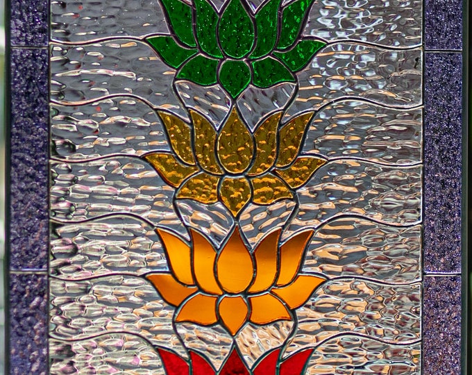 LOTUS FLOWERS Chakras Tiffany Style Stained Glass Hand cut Custom Pieces Window Panel - FREE Chain & Thank you Card! #17