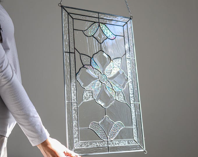 The Flower Cross - Tiffany Style Stained Glass Window Panel RV Clear Beveled Diamond - Horizontl Verticl Loops, Giftbox, Card, Hanging Chain