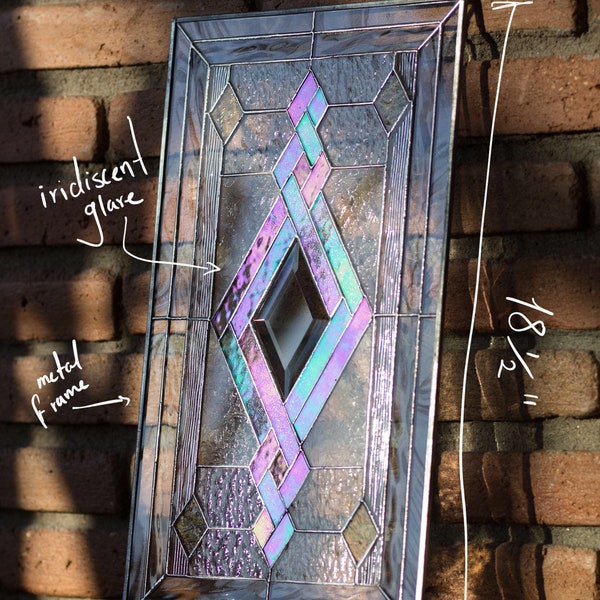 Tiffany Style Stained Glass Window Door Insert Beveled Diamond Iridiscent Swirls - Includes Gift box and card, Metal Frame & Hanging Chain!