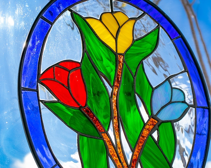 The Tulips - Handmade Tiffany Style Stained Glass Window Panel Flowers - Includes gift box w Card & Chain