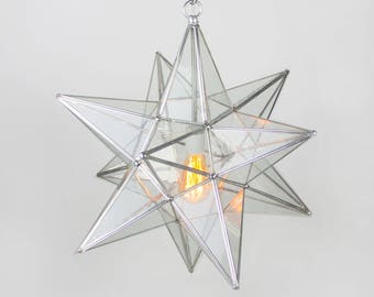 Moravian Star of Bethlehem Lamp Seeded Clear Glass & Metal Pendant Light -  Handmade