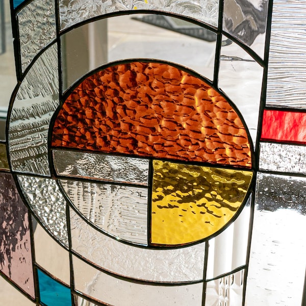 Stained Glass Abstract Panel  Beveled Tiffany Style Window Door Frank Lloyd Wright Inspired "Sun Rising"  - Chained - House Warming Gift