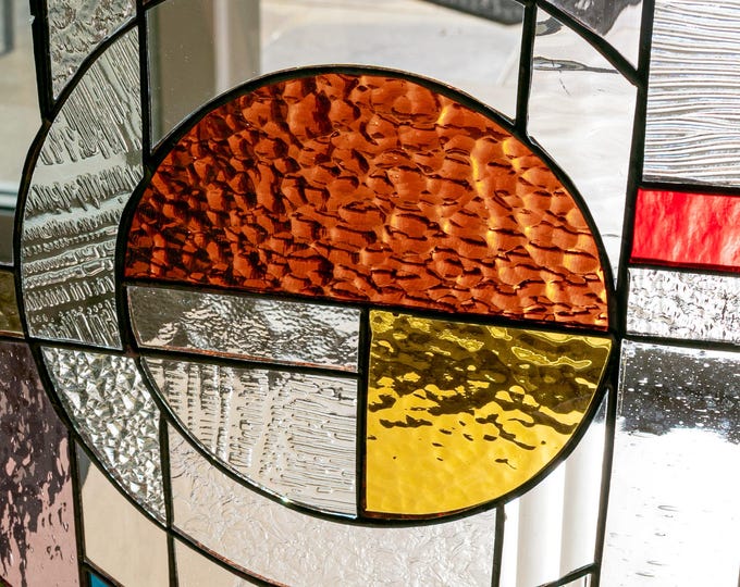Stained Glass Abstract Panel  Beveled Tiffany Style Window Door Frank Lloyd Wright Inspired "Sun Rising"  - Chained - House Warming Gift