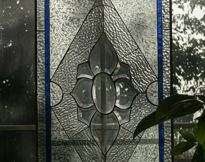 ROYAL FLOWER Tiffany Style Stained Glass Window Panel Clear Beveled - metal frame installed! 30 1/2 x 16 1/4