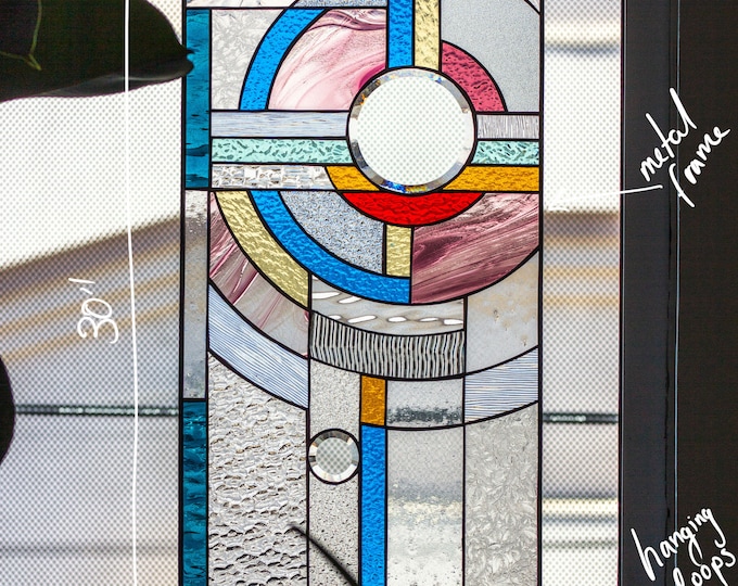 Frank Lloyd Wright Tiffany Style Stained Glass Leaded Window Geo - "Moon Rising" colored - 30 x 14 INCHES