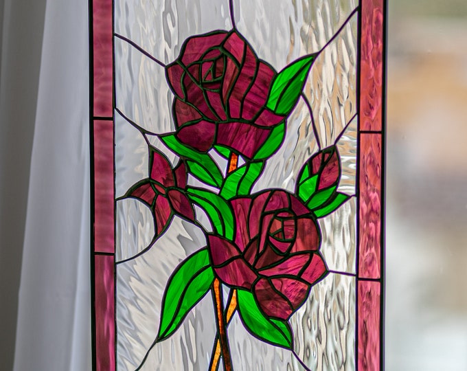 PURPLE ROSES-  Stained Glass Tiffany Style Window  - Includes Card w/Envelope & Hanging Chain! 21.5 by 15.5 inches