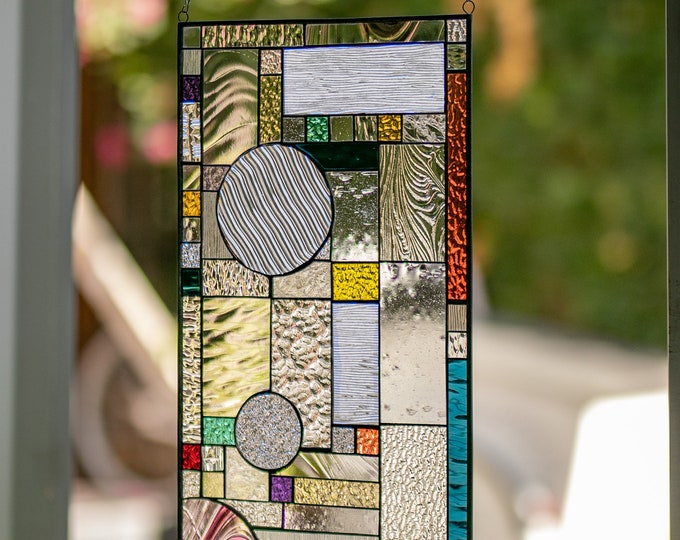 Stained Glass Window Frank Lloyd Wright Inspired Tiffany Stain Panel -Includes Gift box, metal frame, hanging chain 21 by 12 INCHES