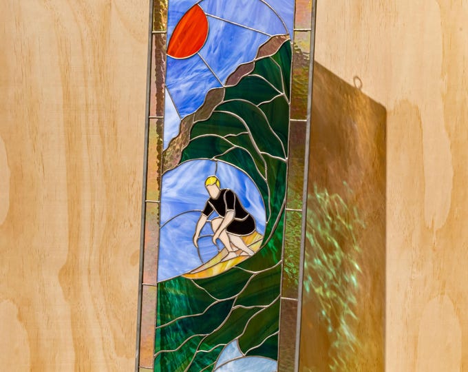 Surf's Up! Surfer California Tiffany Stained Glass Window Stain Panel -Includes metal frame, hanging chain 36 by 12 INCHES