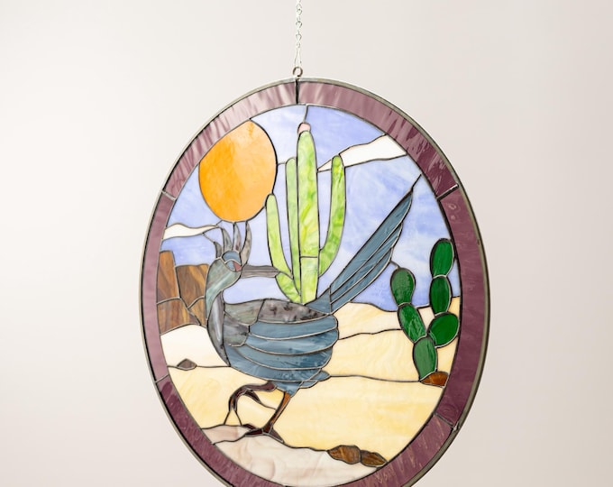 Stained Glass Sign Round 18" INCH Hanging Design Tiffany Style - Roadrunner Southwestern desert