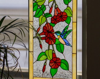 Tiffany Style Stained Glass Window Panel Hummingbird with Poppy Flowers in Garden - Includes FREE Giftbox, Card & Hanging Chain!