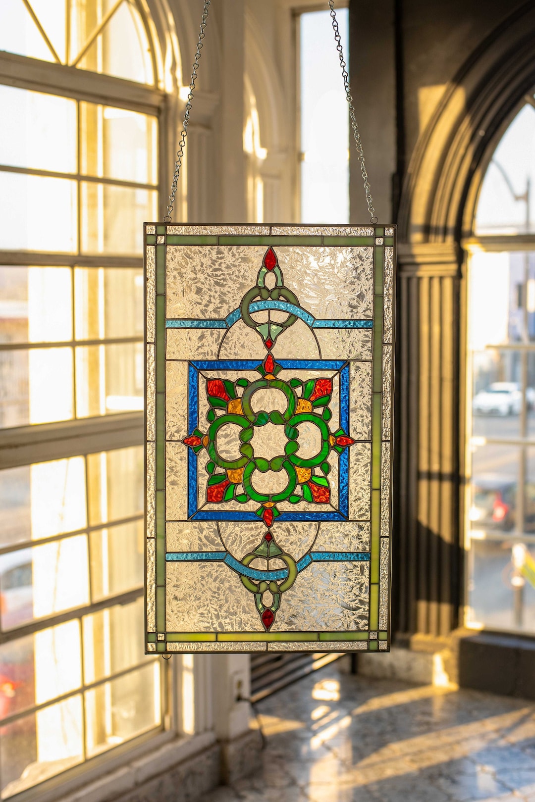 Handmade Stained Glass Window Panel, Victorian Style, Framed