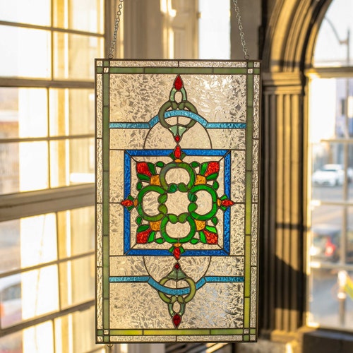 Handmade Stained Glass Window Panel, Victorian Style, Framed Suncatcher