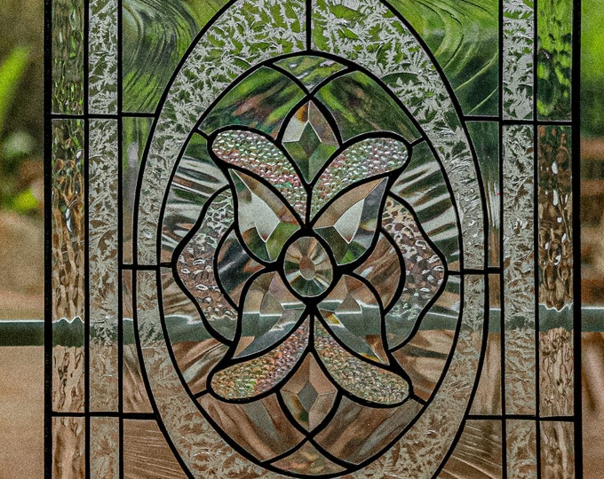 The Oval Flower - Tiffany Style Stained Glass Window Panel RV Clear Beveled Diamond - Horizontl Verticl Loops, Giftbox, Card, Hanging Chain