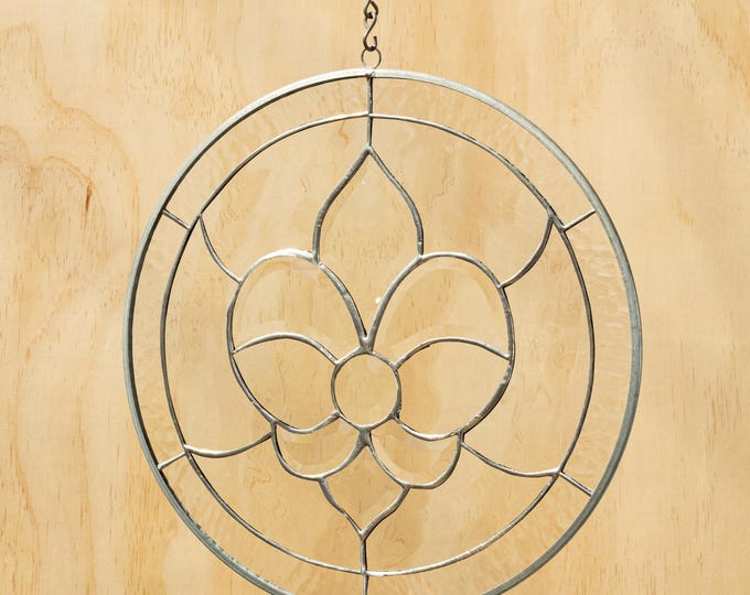 Stained Glass Window  Fleur de lis Tiffany Stain Panel Beveled Jewel Includes metal frame, hanging chain 12" INCHES