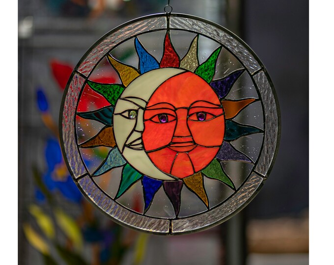 Sun Moon Face Eclipse Tiffany Style Stained Glass Window Handcrafted Suncatcher