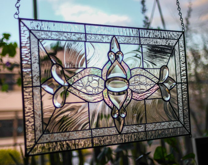 Stained Glass Window Panel  ROYAL Tiffany Style  Hand cut Beveled Custom Pieces - Includes 3ft Chain and Metal Frame