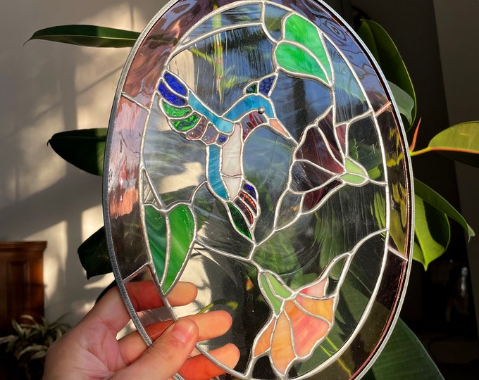 Tiffany Style Stained Glass Window Suncatcher Panel Oval Hummingbird with Flowers Garden