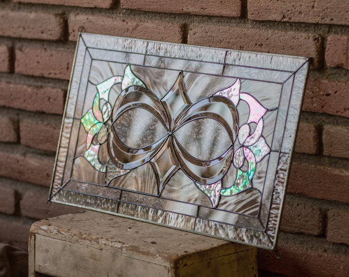 Tiffany Style Stained Glass Window Panel RV Iridescent Beveled Infinity Beveled - House Warming Gift Metal frame & Hanging Chain! 21 x 12 in