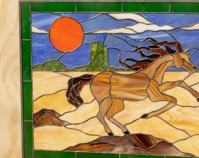 Horse Desert Tiffany Stained Glass Window Panel metal frame, hanging chain 30 by 20 INCHES
