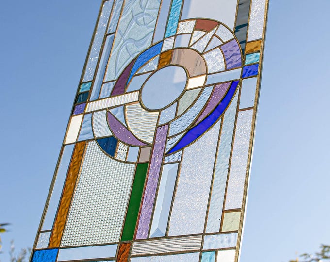 Stained Glass Abstract Panel  Beveled Tiffany Style Window Door Frank Lloyd Wright Inspired "Sun Rising"  - Chained - House Warming Gift