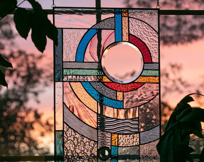 Stained Glass Abstract Panel  Beveled Tiffany Style Window Door Frank Lloyd Wright Inspired "Moon Rising"  - Includes Hanging Chain & Card