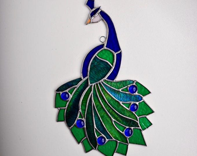 Stained Glass Suncatcher PEACOCK Tiffany Stained Glass Window Stain Panel House Warming Gift Includes hanging loop 10" INCH