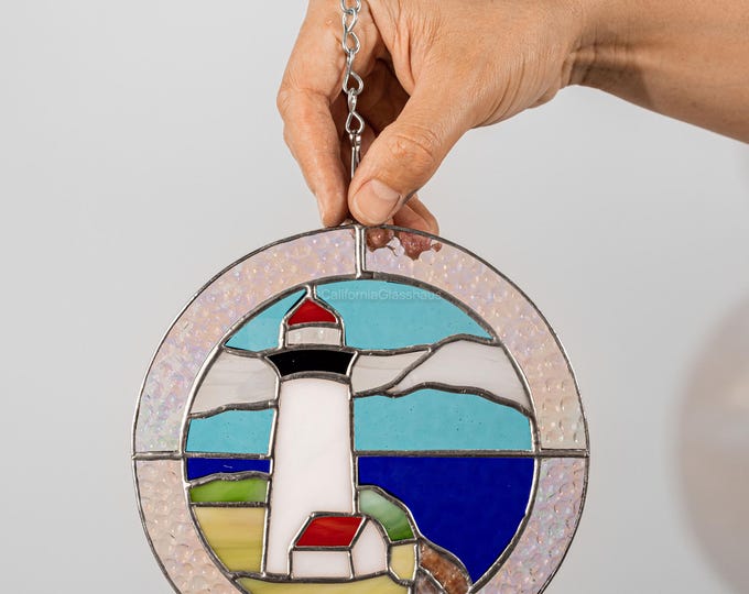 Lighthouse Beachg Iridiscent Pearl Tiffany Stained Glass Window Stain Panel House Warming Gift Includes hanging chain 7" INCHES