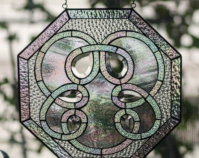 SWIRLS Clear Tiffany Style Stained Glass Window Panel Octagonal Iridiscent Handcrafted Beveled House Warming Gift - 16" In