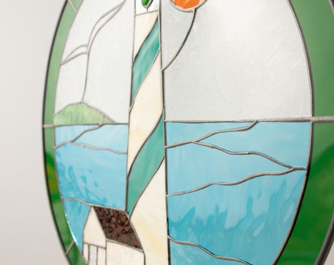 Stained Glass Hanging Window Panel Suncatcher Handmade Tiffany Style - House Warming Gift - Beach Light House 18 1/2" INCH
