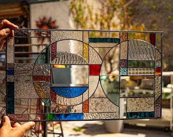 Stained Glass Abstract Panel  Beveled Tiffany Style Window Door Abstract Beveled Pieces  - Chained - House Warming Gift