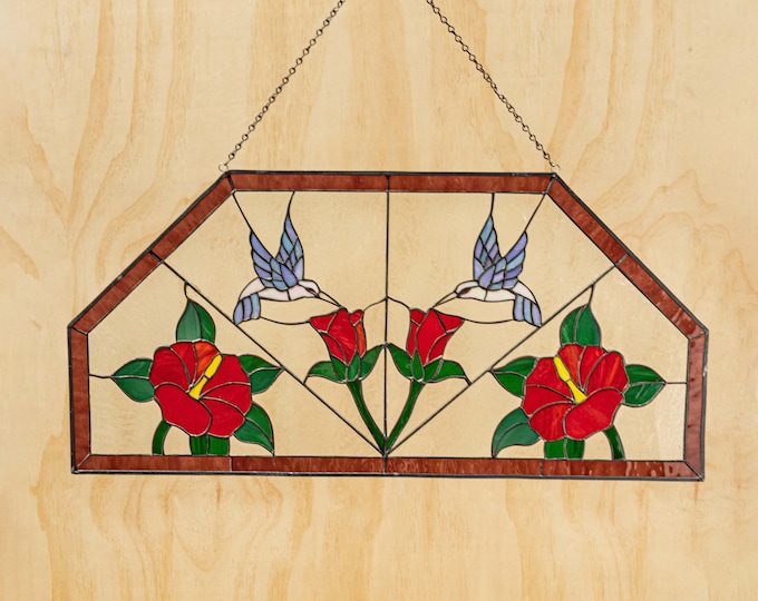 Stained Glass Window Hummingbirds & Roses Tiffany Stain Pane Includes metal frame hanging chain 35 1/2 by 17" INCHES
